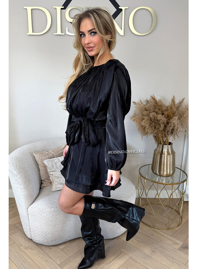 BLACK - 'JADE DRESS' -  LONG SLEEVE SILKY SATIN DRESS