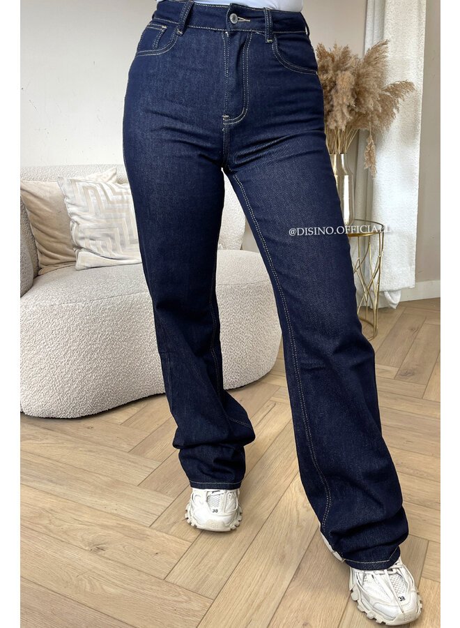DARK BLUE - 'RHEA JEANS' - FOLD UP STRETCH WIDE LEG JEANS