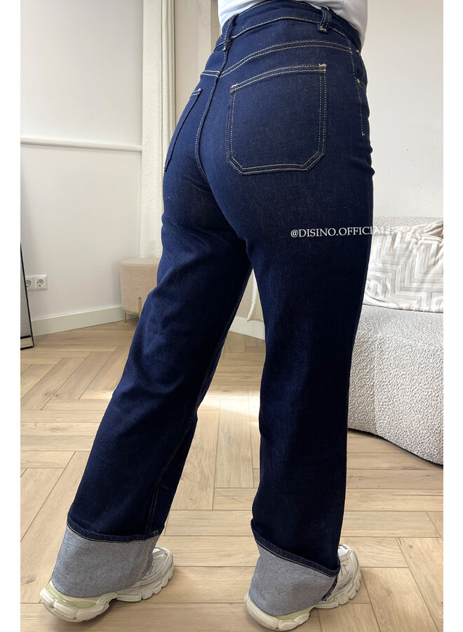 DARK BLUE - 'RHEA JEANS' - FOLD UP STRETCH WIDE LEG JEANS