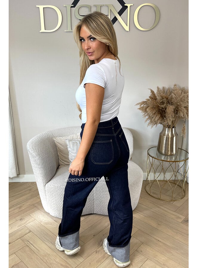 DARK BLUE - 'RHEA JEANS' - FOLD UP STRETCH WIDE LEG JEANS