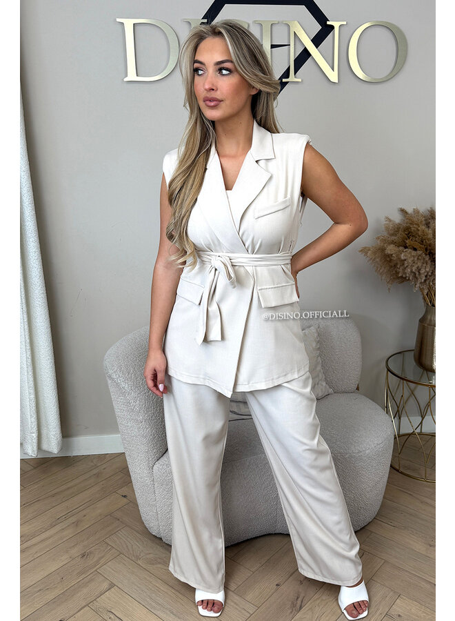 BEIGE - 'ALYSSA SET' - CLASSY WRAP ON GILET + PANTALON SET