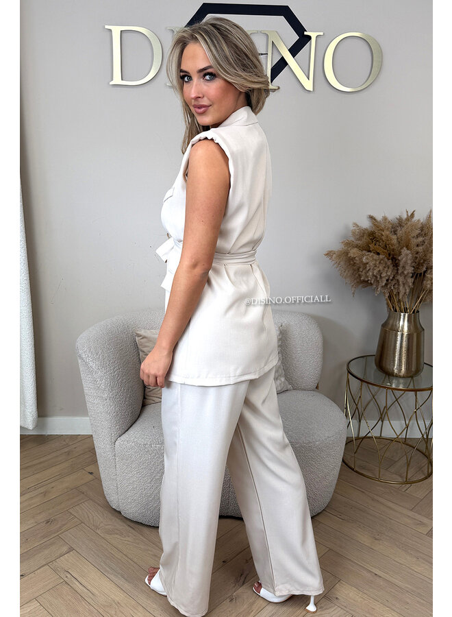 BEIGE - 'ALYSSA SET' - CLASSY WRAP ON GILET + PANTALON SET