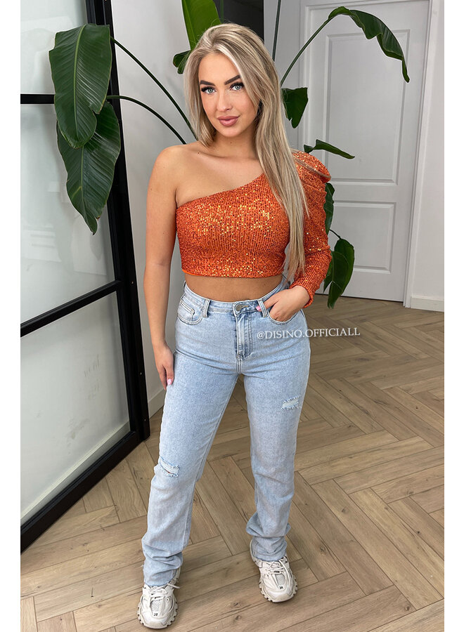 ORANGE - 'NORA' - SPARKLE ONE ARM ALL OVER SEQUIN TOP