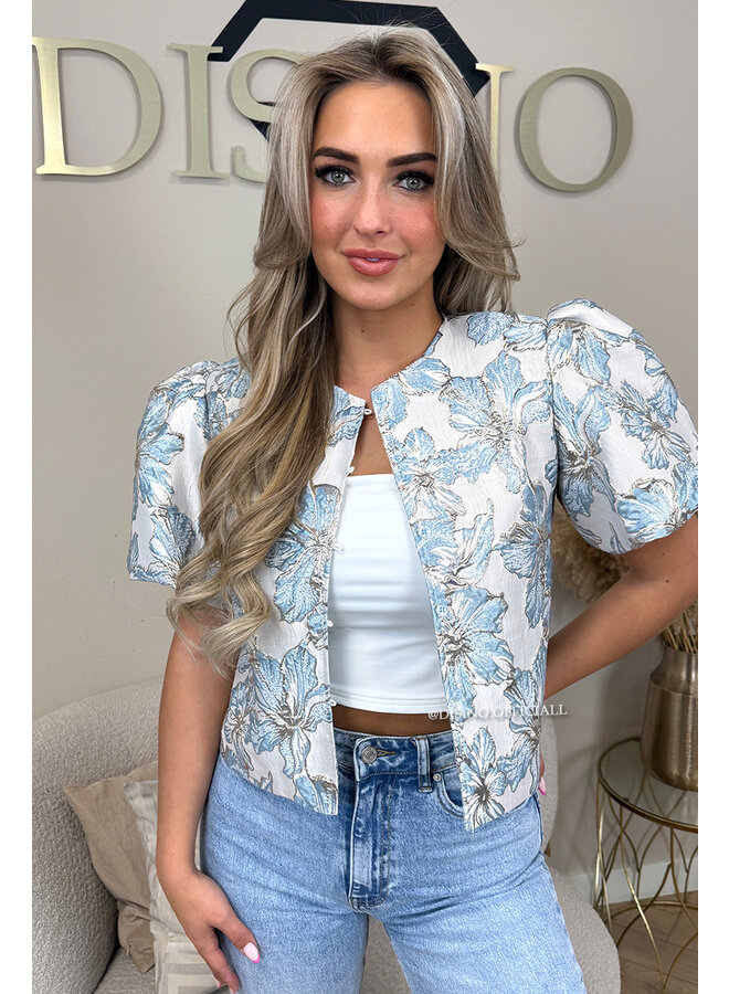 LIGHT BLUE - 'JAIMY TOP' - BUTTON UP EXCLUSIVE JACQUARD PRINT JACKET