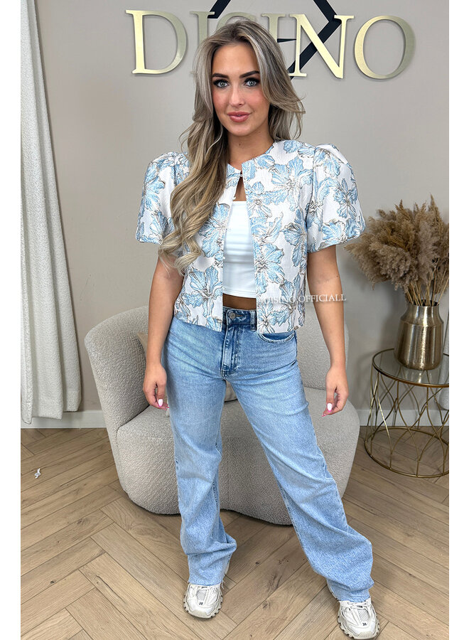 LIGHT BLUE - 'JAIMY TOP' - BUTTON UP EXCLUSIVE JACQUARD PRINT JACKET