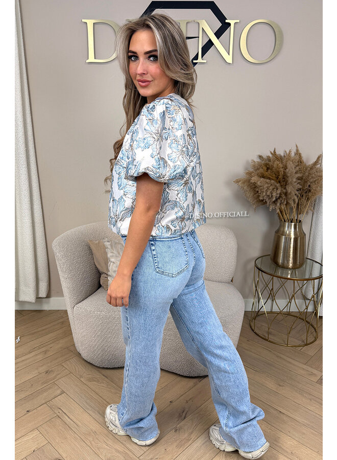 LIGHT BLUE - 'JAIMY TOP' - BUTTON UP EXCLUSIVE JACQUARD PRINT JACKET