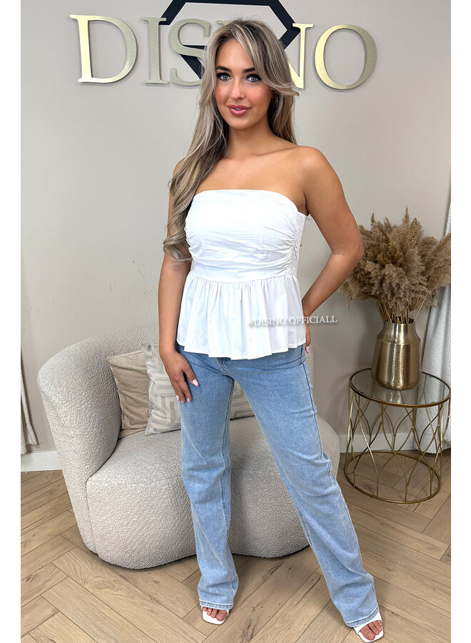 WHITE - 'NONA TOP' - COTTON STRAPLESS PEPLUM TOP