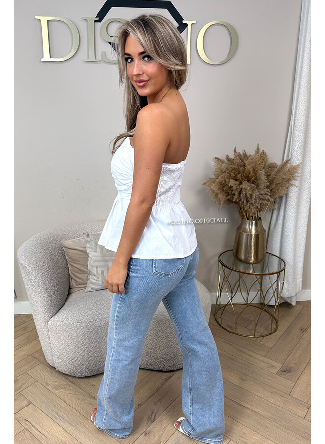 WHITE - 'NONA TOP' - COTTON STRAPLESS PEPLUM TOP