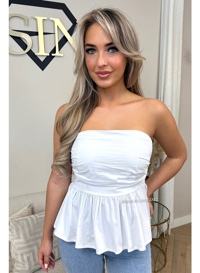 WHITE - 'NONA TOP' - COTTON STRAPLESS PEPLUM TOP