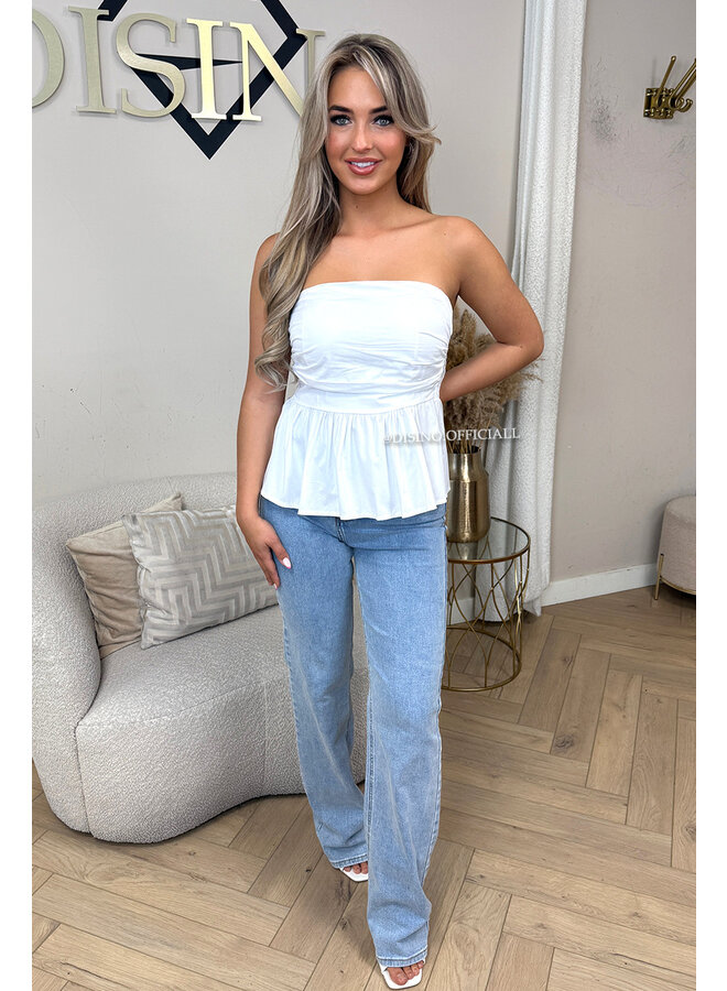 WHITE - 'NONA TOP' - COTTON STRAPLESS PEPLUM TOP