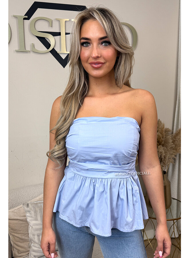 LIGHT BLUE - 'NONA TOP' - COTTON STRAPLESS PEPLUM TOP