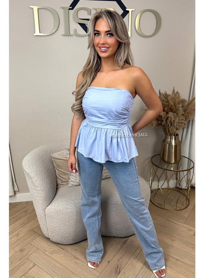 LIGHT BLUE - 'NONA TOP' - COTTON STRAPLESS PEPLUM TOP