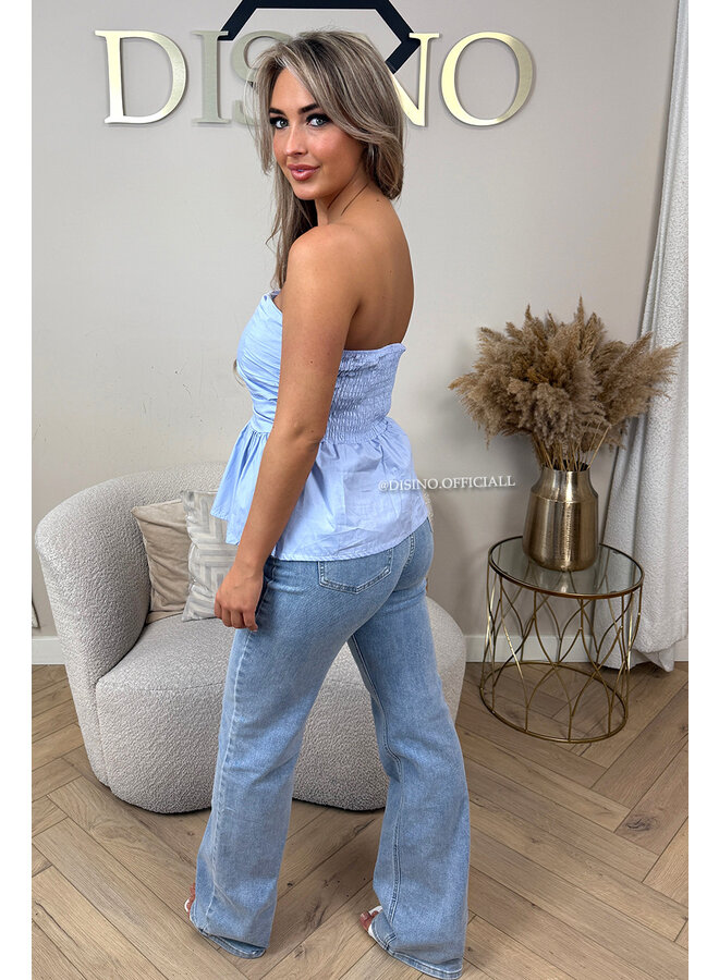 LIGHT BLUE - 'NONA TOP' - COTTON STRAPLESS PEPLUM TOP