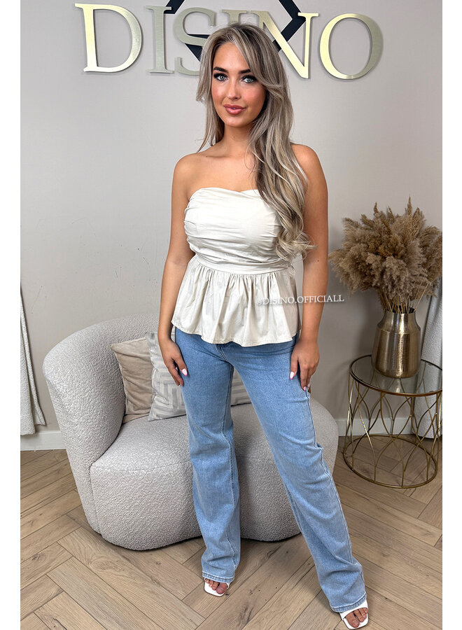 BEIGE - 'NONA TOP' - COTTON STRAPLESS PEPLUM TOP