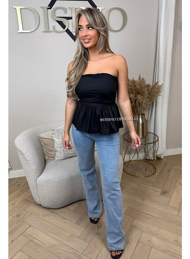 BLACK - 'NONA TOP' - COTTON STRAPLESS PEPLUM TOP