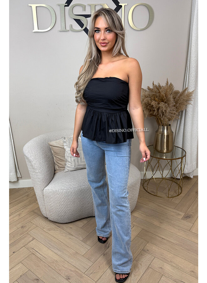 BLACK - 'NONA TOP' - COTTON STRAPLESS PEPLUM TOP