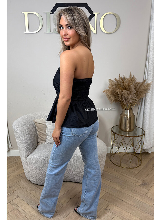 BLACK - 'NONA TOP' - COTTON STRAPLESS PEPLUM TOP