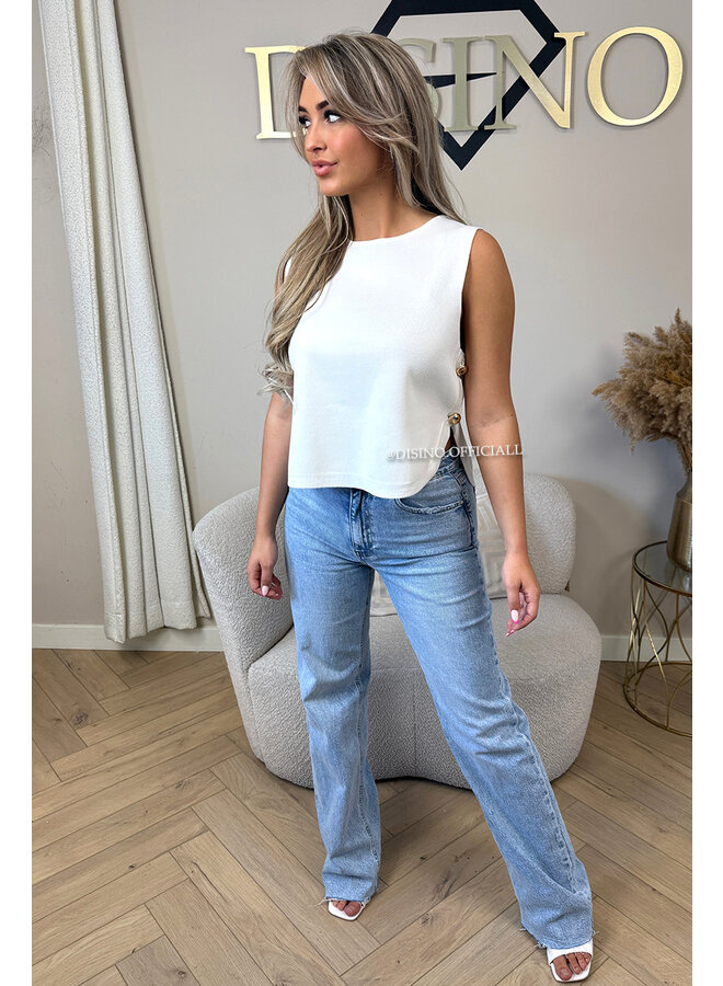 WHITE - 'LARA TOP' - PREMIUM QUALITY CLASSY GOLD BUTTON TOP