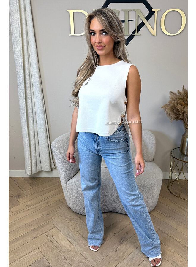 WHITE - 'LARA TOP' - PREMIUM QUALITY CLASSY GOLD BUTTON TOP