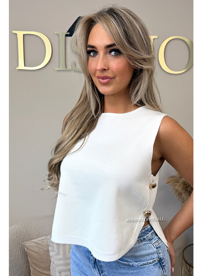 WHITE - 'LARA TOP' - PREMIUM QUALITY CLASSY GOLD BUTTON TOP