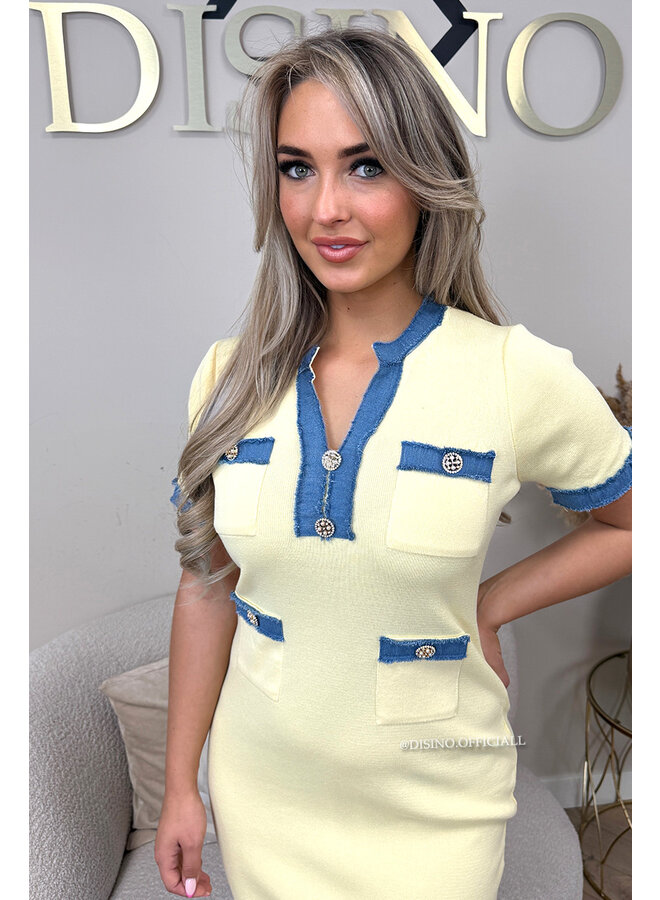 YELLOW - 'CAMILLE DRESS' - DENIM DETAILS RIBBED DRESS