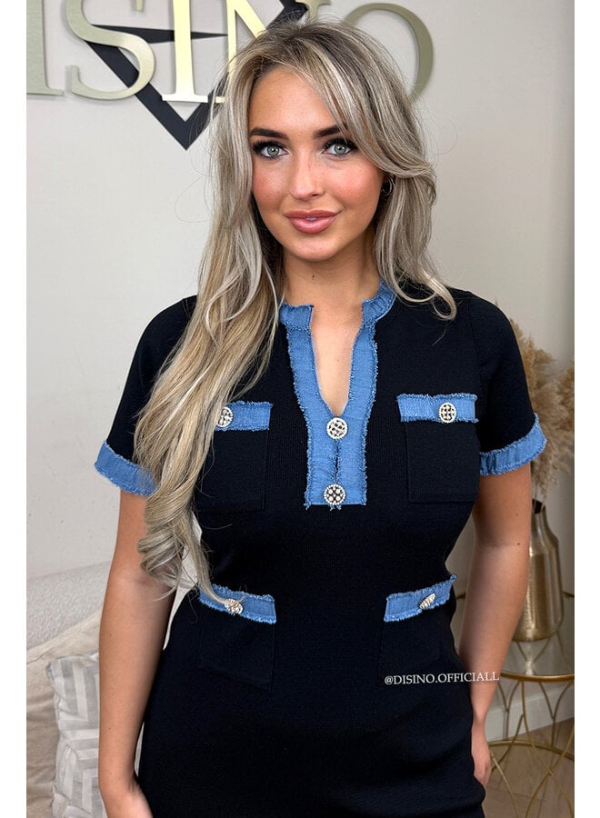 BLACK - 'CAMILLE DRESS' - DENIM DETAILS RIBBED DRESS