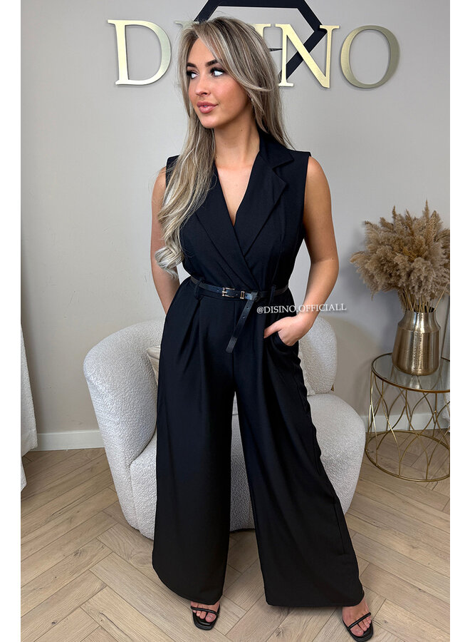 BLACK - 'MILA JUMPSUIT' - CLASSY WIDE LEG JUMPSUIT + BELT