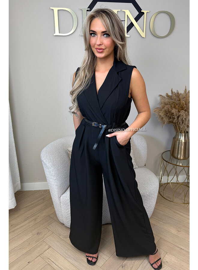BLACK - 'MILA JUMPSUIT' - CLASSY WIDE LEG JUMPSUIT + BELT