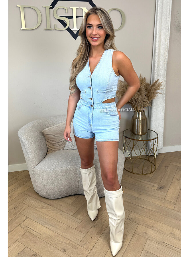 LIGHT BLUE - 'ROWEN PLAYSUIT' - DENIM STRETCH GILET + SHORT PLAYSUIT