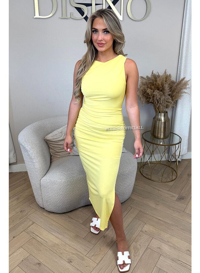 YELLOW - 'SOFIA DRESS' - CLASSY RUCHED MIDI DRESS