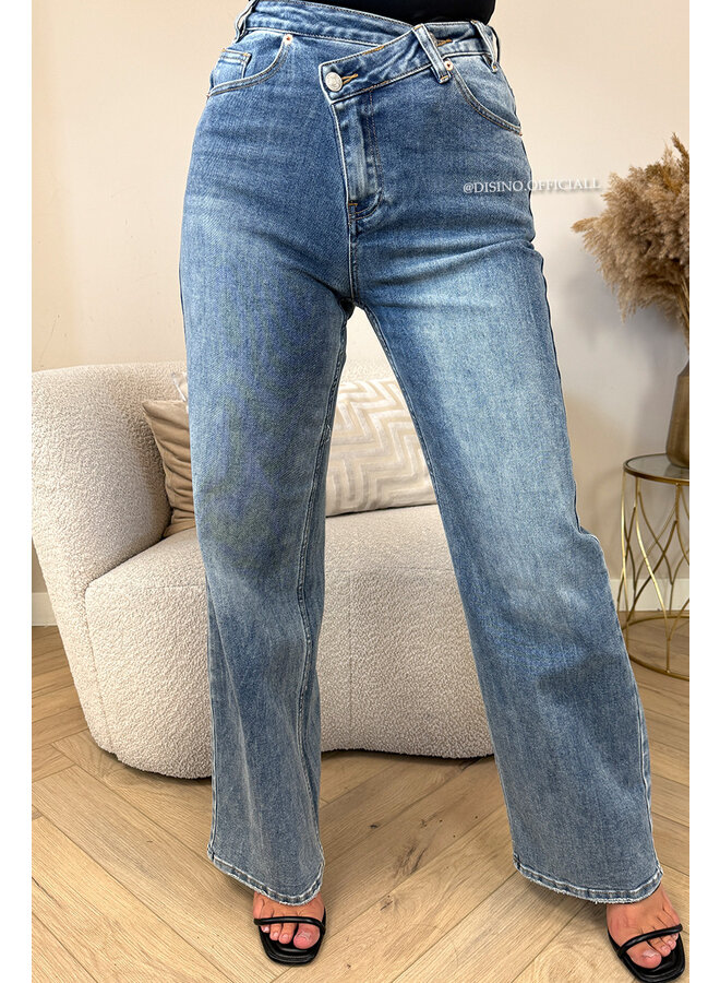 DIRTY BLUE - ' CROSS WAIST JEANS' - SUPER STRETCH VIRAL ASYMMETRIC WIDE LEG JEANS