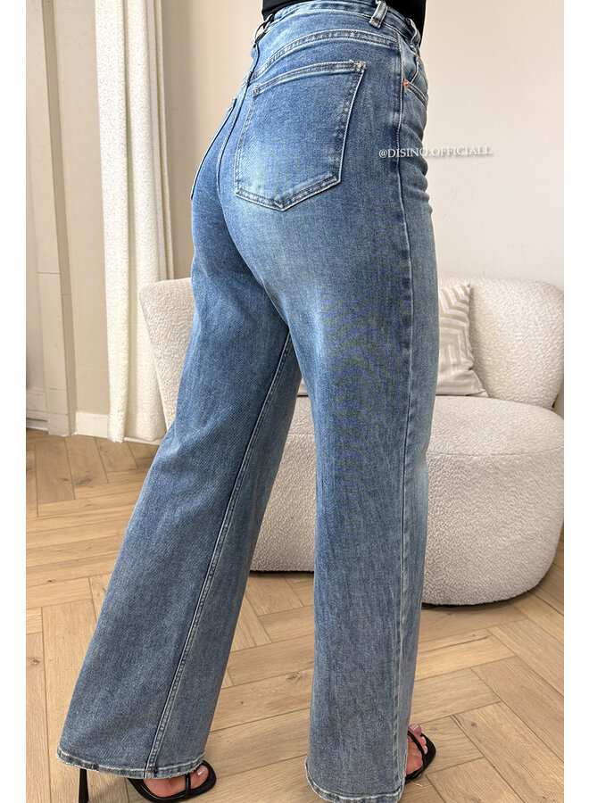 DIRTY BLUE - ' CROSS WAIST JEANS' - SUPER STRETCH VIRAL ASYMMETRIC WIDE LEG JEANS