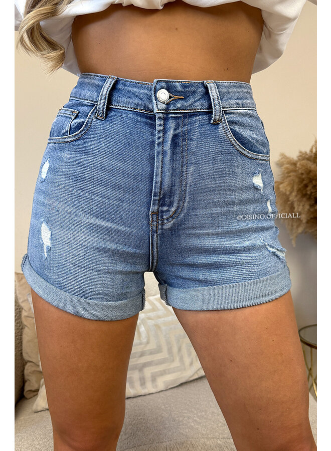BLUE - 'NOXI SHORT' - STRETCH RIPPED DENIM SHORT - 072