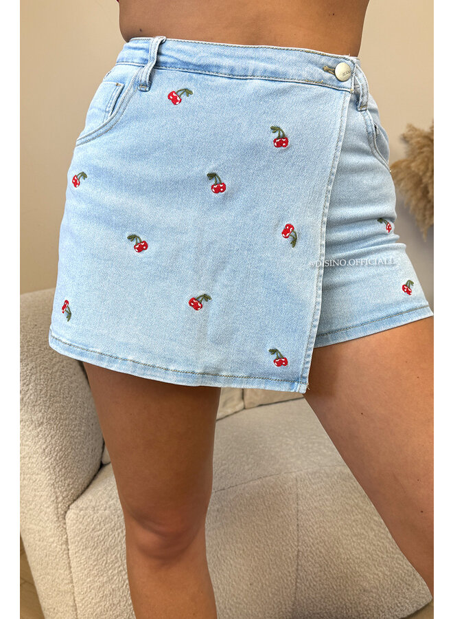 BLUE - 'CHERRY SKORT' - CHERRY PATCHES STRETCH DENIM SKORT