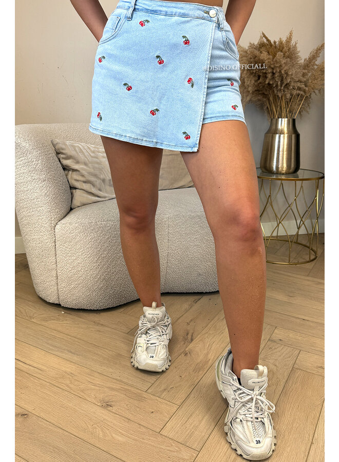 BLUE - 'CHERRY SKORT' - CHERRY PATCHES STRETCH DENIM SKORT