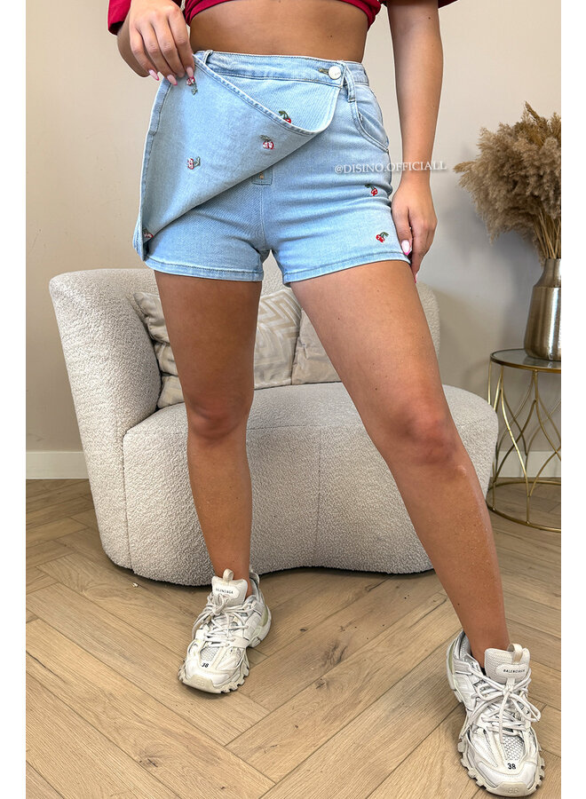 BLUE - 'CHERRY SKORT' - CHERRY PATCHES STRETCH DENIM SKORT