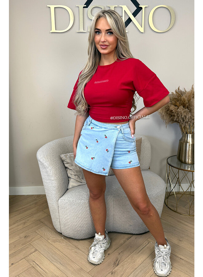 BLUE - 'CHERRY SKORT' - CHERRY PATCHES STRETCH DENIM SKORT