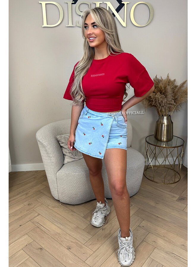 BLUE - 'CHERRY SKORT' - CHERRY PATCHES STRETCH DENIM SKORT