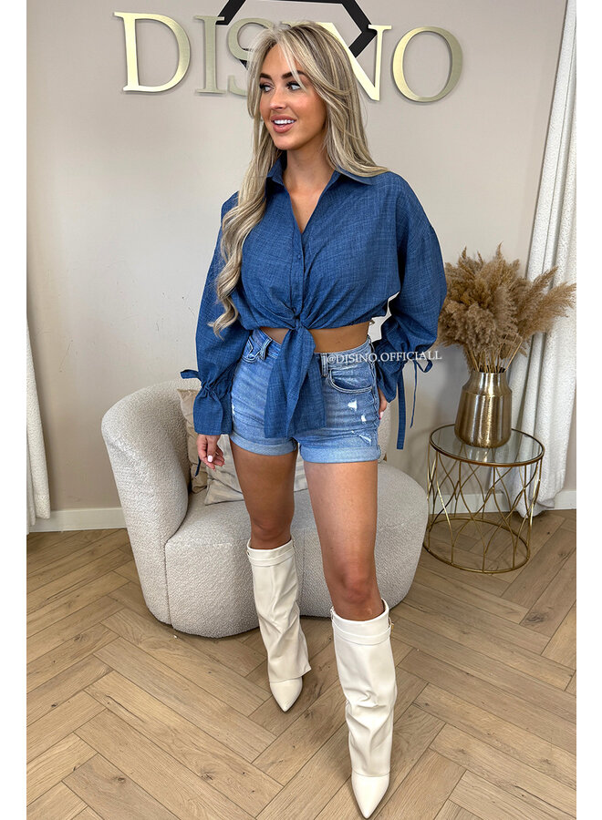 DENIM BLUE - 'MONICA' - CROPPED KNOT BLOUSE