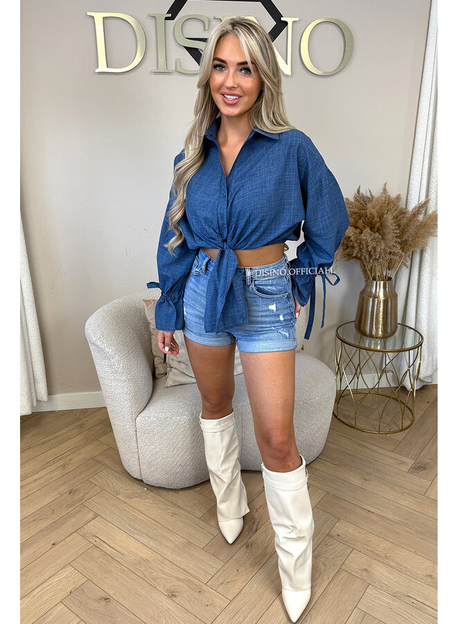 DENIM BLUE - 'MONICA' - CROPPED KNOT BLOUSE