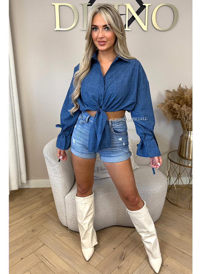 DENIM BLUE - 'MONICA' - CROPPED KNOT BLOUSE