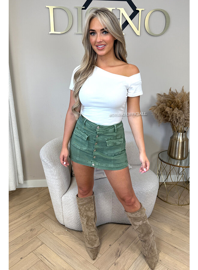 KHAKI GREEN - 'NINA SKORT' - SUPER STRETCH DENIM SKORT