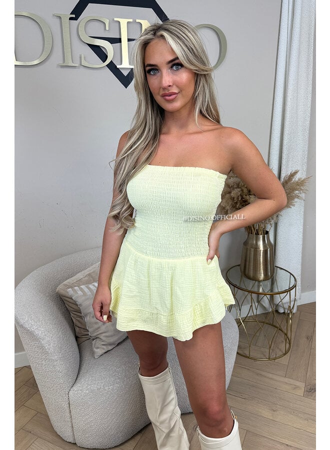 YELLOW - 'JESSY PLAYSUIT' - STRAPLESS MOUSSELINE WAFFLE COTTON PLAYSUIT
