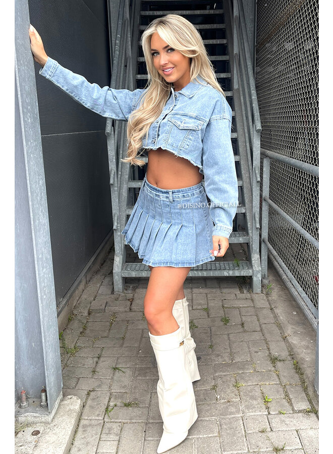 BLUE - 'JENNER DENIM SET' - STRETCH DENIM PLISSE SKORT + JACKET SET