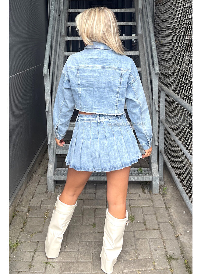 BLUE - 'JENNER DENIM SET' - STRETCH DENIM PLISSE SKORT + JACKET SET