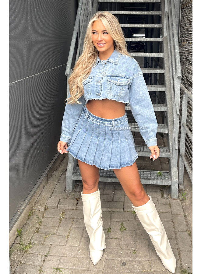 BLUE - 'JENNER DENIM SET' - STRETCH DENIM PLISSE SKORT + JACKET SET