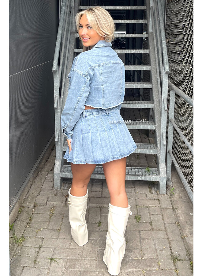 BLUE - 'JENNER DENIM SET' - STRETCH DENIM PLISSE SKORT + JACKET SET