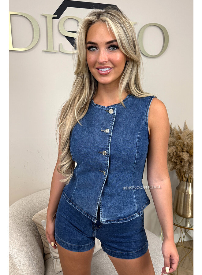 BLUE - 'VENA TOP' - ASSYMETRIC BUTTON DENIM STRETCH GILET TOP