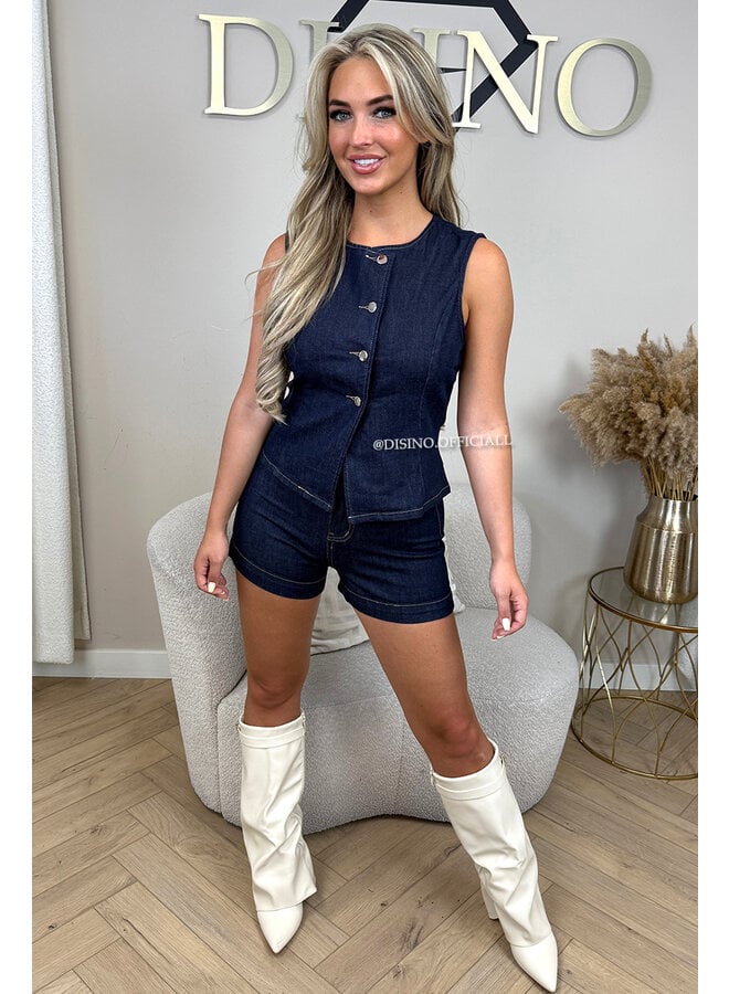 DARK BLUE - 'VENA TOP' - ASSYMETRIC BUTTON DENIM STRETCH GILET TOP