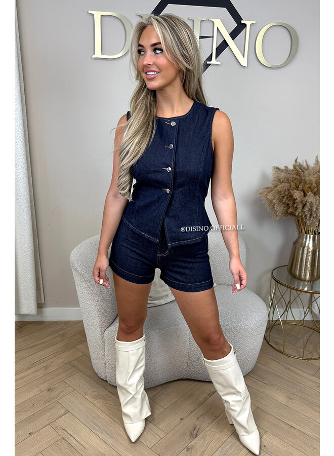 DARK BLUE - 'VENA TOP' - ASSYMETRIC BUTTON DENIM STRETCH GILET TOP